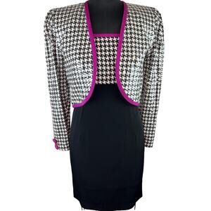 VINTAGE Karen Lawrence Black Pink Houndstooth Sequin Dress Blazer Set 4 VTG USA